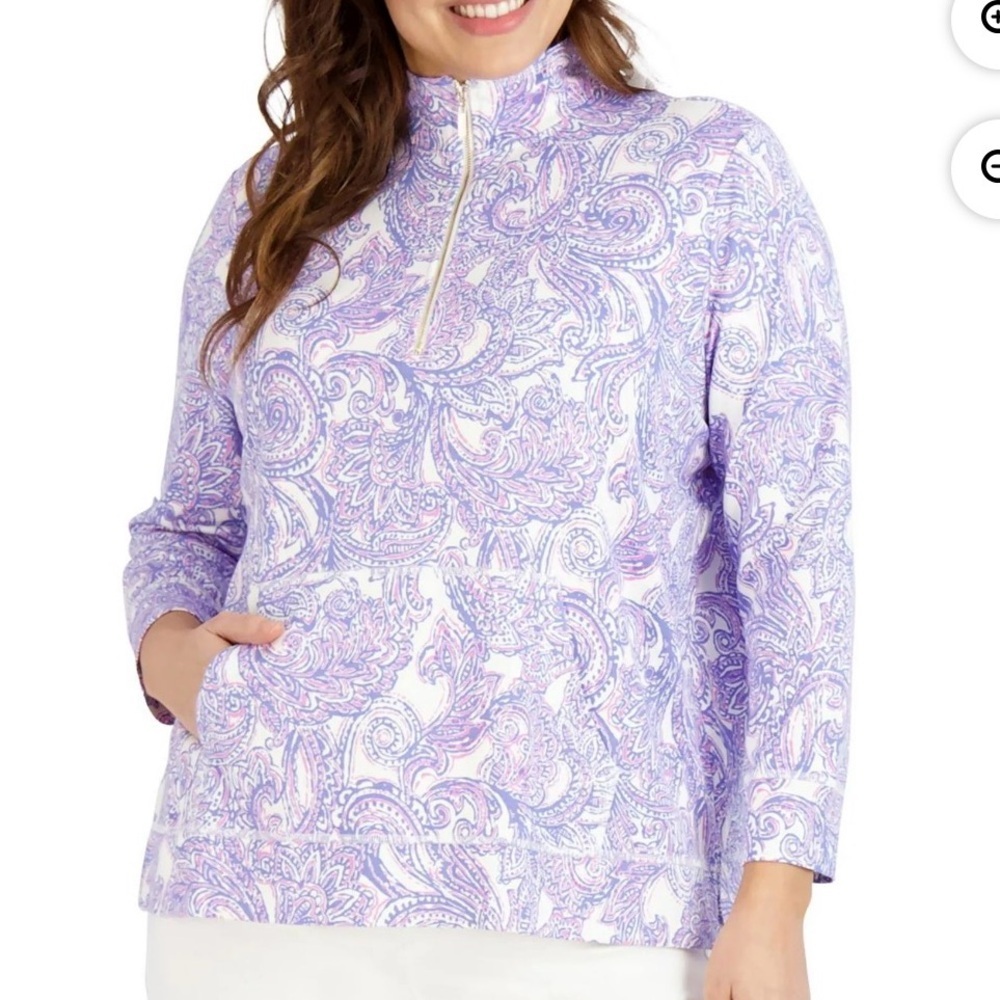 Jones New York Quarter Zip Top Purple Paisley Pocket Mock Neck Sz 2X Preppy Golf